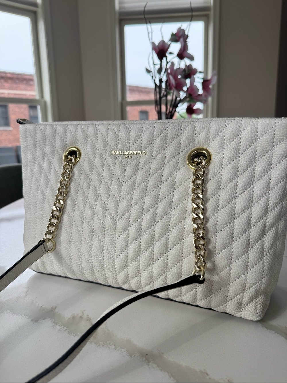 NWT Karl Lagerfeld Quilted Leather Shoulder Bag with Gold Chain